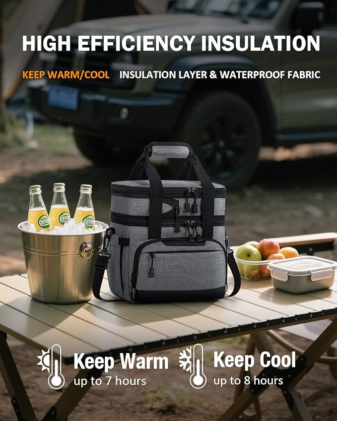 Large Lunch Box for Men/Women Dual-Compartment Insulated Lunch Bag,Adults Expandable Leakproof Cooler Bag Lunch Tote with Adjustable Shoulder Strap for Work Camping Picnic,Grey 24-Can(14L)