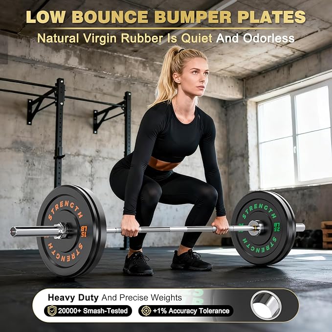 2-Inch Olympic Bumper Plates, 100% Virgin Rubber Low Bounce Barbell Weight Plates for Home Gym Strength Training, 10lb-45lb Black with Color-Coded
