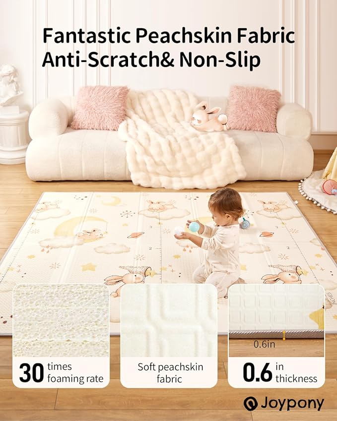 Baby Play Mat 79" X 71" X 0.6", Fabric Version Extra Large Thick Reversible Foldable Play Mats for Babies and Toddlers, Anti-Slip Portable Baby Floor Mat for Tummy Time with Travel Bag
