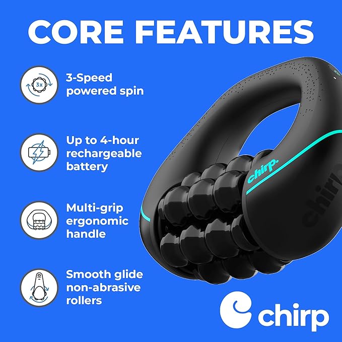 Chirp RPM Mini - Rolling Percussive Massager, Percussive Therapy, Whole Body Relief, Deep Tissue and Muscle Recovery, Percussion Massage, Rechargeable, Hands-Free Base, Powerful, 3-Speed Spin