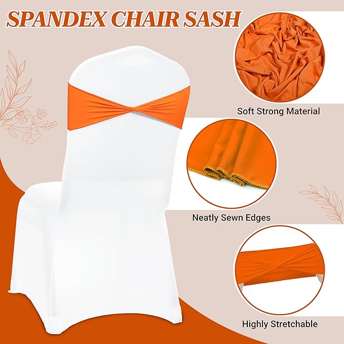 MDS Pack of 100 Spandex Chair Sashes Bows Elastic Stretch Dining Chair Bands Ties Without Slider Buckle Universal fits for Wedding Baby Shower Birthday Party Banquet Event Decoration - Orange