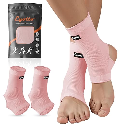 eYotto Open-Heel Ankle Sleeves (6 Pair), Breathable Foot & Ankle Compression Support for Swelling, Plantar Fasciitis & Sprain Relief for Men & Women(Pink)