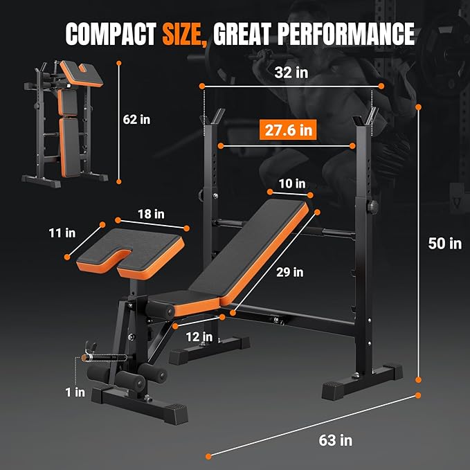 YOLEO 6 in 1 Space Saving Weight Bench with Rack, Fast Folding & Adjustable Workout Bench, Bench Press Rack/Leg Extension/Preacher Curl/Sit Up(1-Step Folding & Easy Assembly)