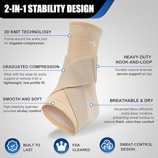 ABIRAM Adjustable Ankle Brace for Women & Men - Compression Sleeve with Wrap for Sprains, Plantar Fasciitis, Achilles Tendonitis - Running, Volleyball, Basketball Support - Breathable, Size S