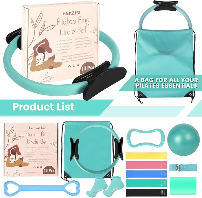 Pilates Kit for Women 13PCS, Pilates Ring and Ball Set with Magic Circle, Resistance Bands Set, Figure 8 Band, Yoga Ring & Grip Socks, Home Workout Equipment Essentials Starter Kit for Beginners