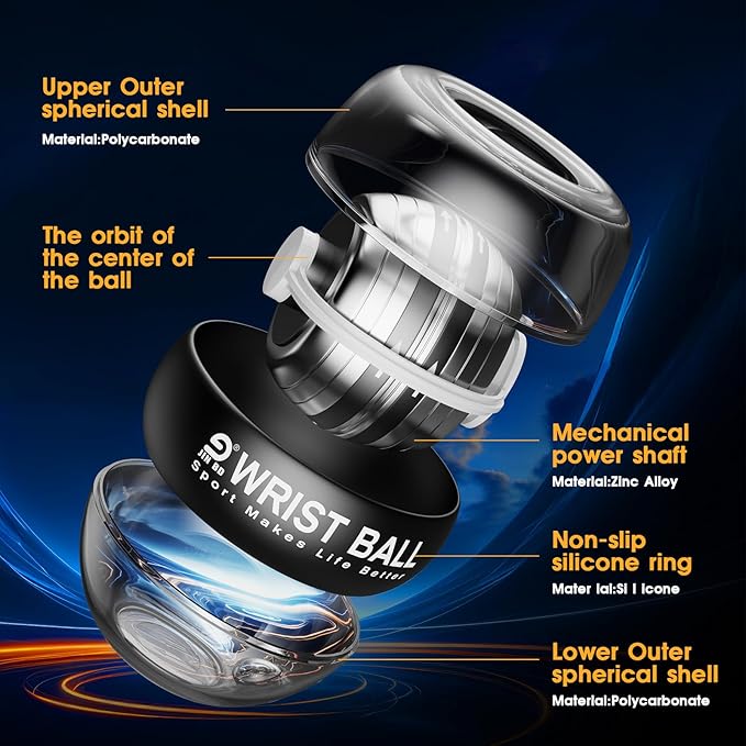 JIN BD Wrist Trainer Ball Auto-Start Gyroscopic Forearm Exerciser Gyro Ball for Strengthen Arms, Fingers, Bones and Muscles（Black Wrist Ball (No Light)）