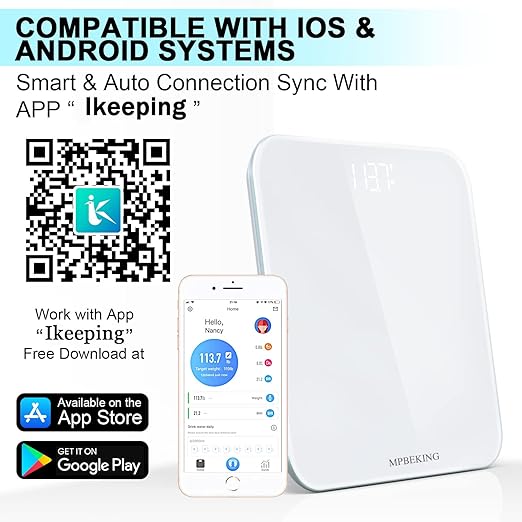 Scale for Body Weight, High Accuracy Bathroom Digital Scales, Bluetooth Weighing Scale, Unlimited Users, LCD Display, Round Corner Disign, Compact Size with Sturdy Tempered Glass 400lb- White