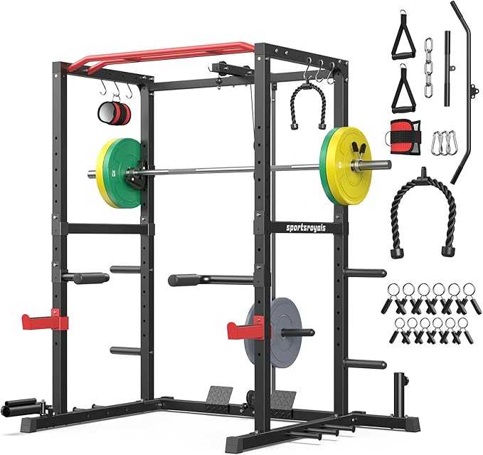 Sportsroyals Squat Rack, LAT Power Cage, Power Rack Multi-Function with Pulley System and Training Attachments for Home Gym