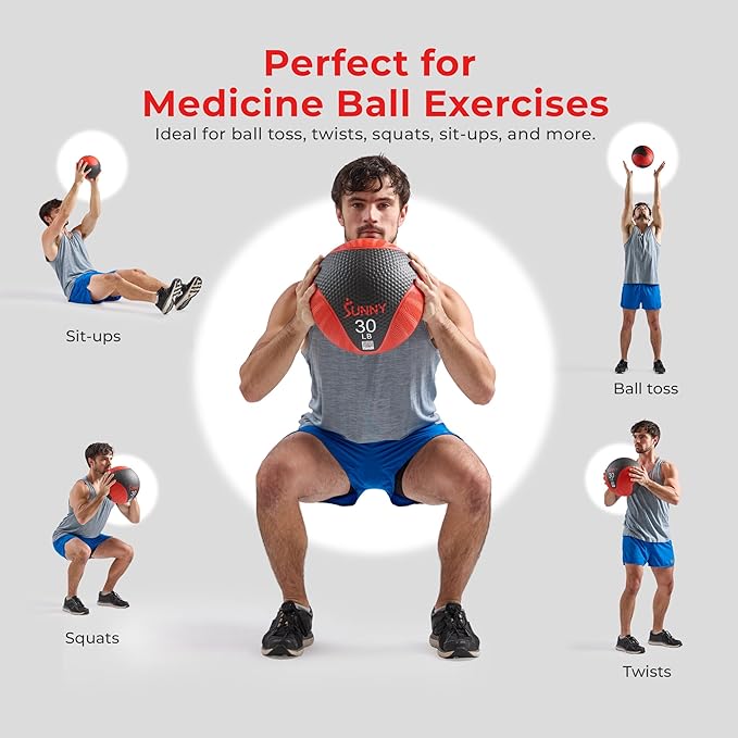 Sunny Health & Fitness Medicine Ball, Textured Rubber, Core Strength & Balance Training, Bouncing, Weight for Home Workouts 4,6,8,10,12,15,20,25,30LB Options