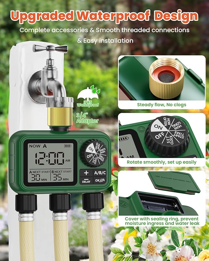 Water Timer for Outdoor Garden Hose, Sprinkler Timer for Garden Faucet with Auto/Manual/Rain Delay Mode, Sprinkler Irrigation Controller for Yard Lawn (3 Zones Brass Inlet & Outlet)