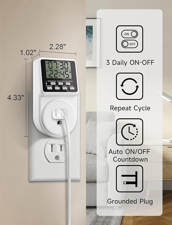 Techbee Indoor Digital Infinite Repeat Cycle Intermittent Outlet Timer Plug 24 Hour Programmable Timed Electrical Power Switch with Countdown Delay on Off Function for Lights and Appliances (2 Pack)
