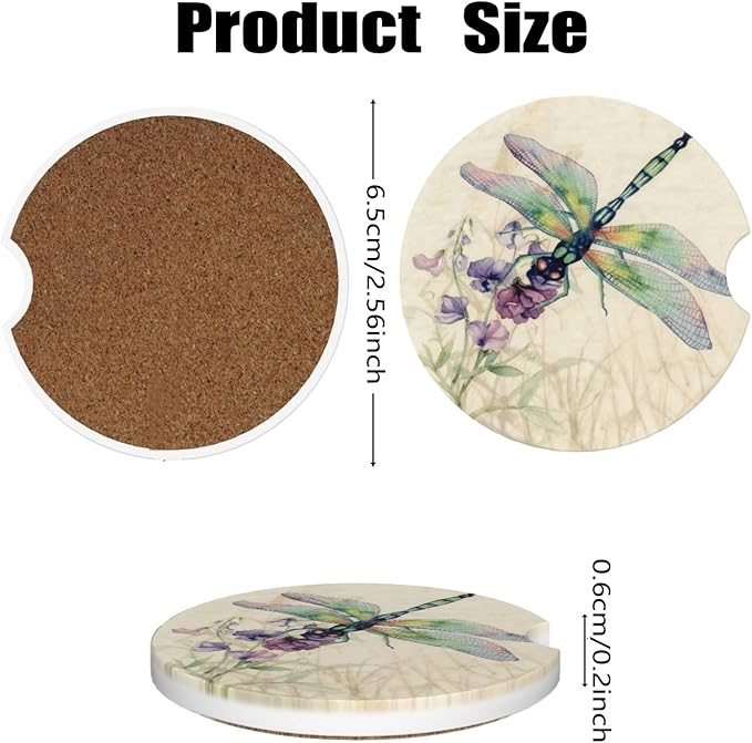 Car Cup Holder Coasters, 2 Pcs Ceramic Coasters with Finger Slot and Cork Back, Anti-Slip Shock Absorbing Women and Men Universal Car Accessories - Dragonfly