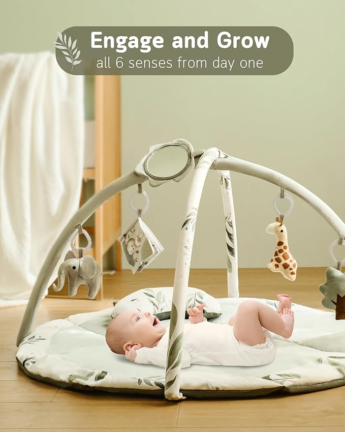 Fortella Baby Play Gym & Activity Mat, Machine Washable & Foldable Tummy Time Mat with 5 Detachable Toys, Certified Safe Newborn Essentials Gift for Baby Registry 0-12 Months (Sage Green)