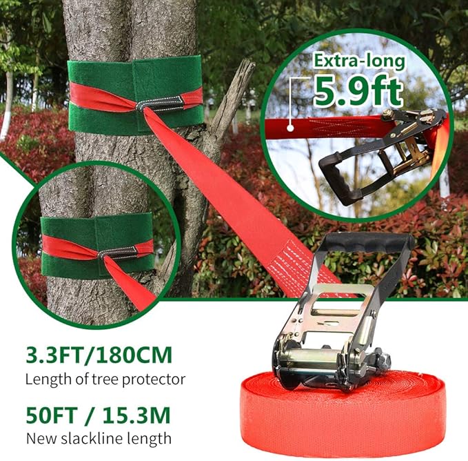 Dripex Ninja Warrior Obstacle Course for Kids, 2×50ft Slack Lines for Backyard with 8 Ninja Accessories - Monkey Bar, Rope Ladder, Gymnastic Ring, Arm Trainer and Monkey Fist