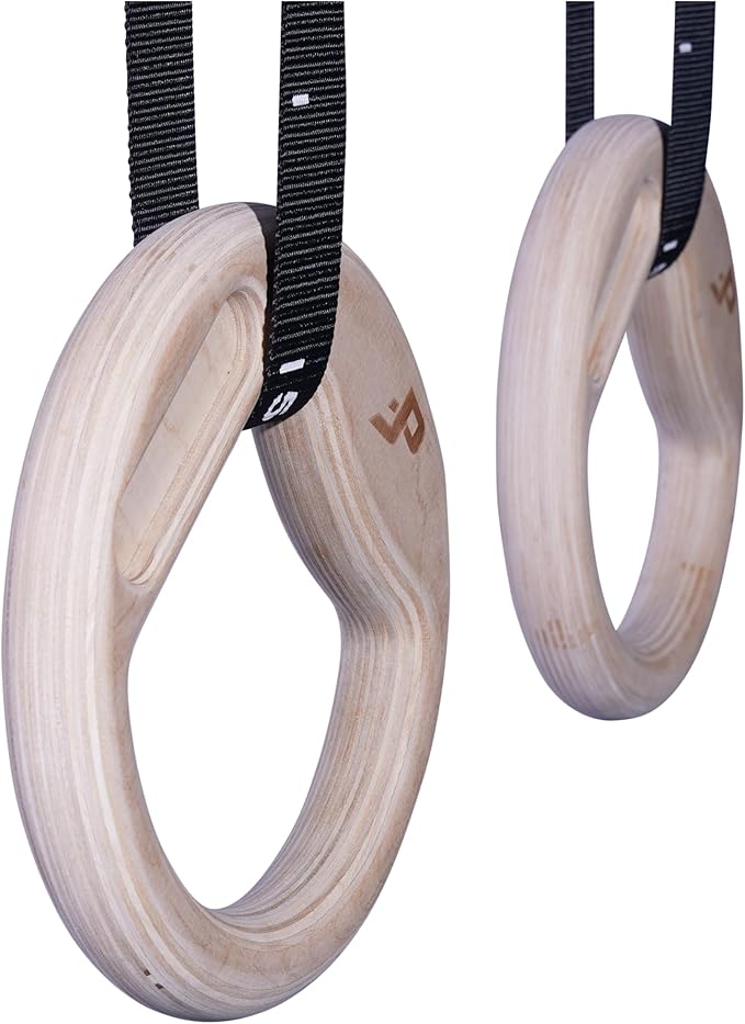 Wooden Gymnastic Rings with Built-in Hangboard – 32mm Birch Rings with 6 Grip Options & Numbered 38mm Straps – Calisthenics, Climbing, Bodyweight Training