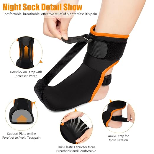 Plantar Fasciitis Night Splint Sock: Upgraded Plantar Fasciitis Brace with Support Plate for Women Men for Achilles Tendonitis Foot Drop Heel Spur Pain Relief Black-Orange Small