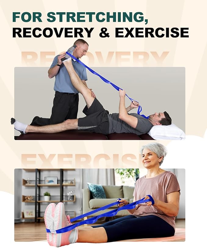 Trideer Non-Elastic Stretching Strap with Loops for Physical Therapy & Rehab, Knee Hip Leg ROM Post-Surgery, Yoga Strap for Stretching, Leg Lifter Strap Mobility Aid, Hamstring Calf Back