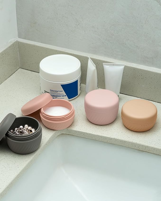 TakeToday Travel Containers for Toiletries, Leak-Proof, TSA Approved, Refillable Silicone Cylindrical Cream Jars with Lid for Cosmetic Toiletry, 2oz, 4 Pack, Apricot
