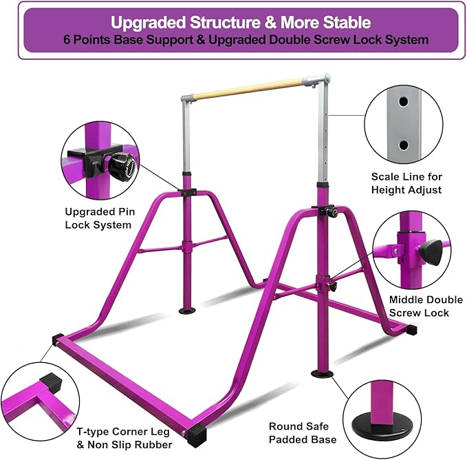 Foldable & Moveable Gymnastics Horizontal Bar with Rings,3’to 5’Adjustable Height Expandable Junior Kip Bar for Home,Indoor Gym Equipment for Kids