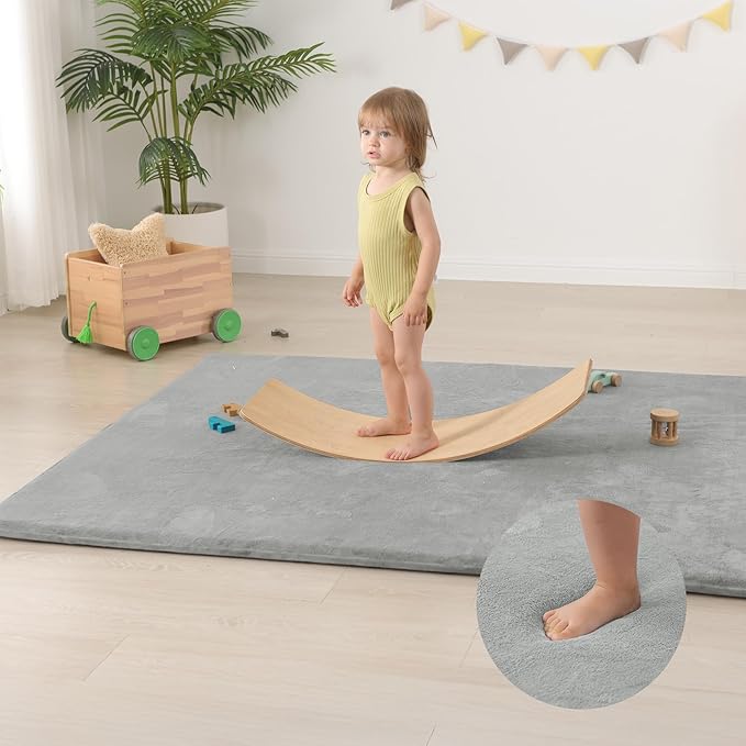 Baby Play Mat for Floor,Extra Large 79"×118" Playroom Mat,Thicker Memory Foam Classroom Mats,Water Repellent Ultra Soft Coral Velvet,Non-Slip Backing Safe for Crawling(Light Grey)