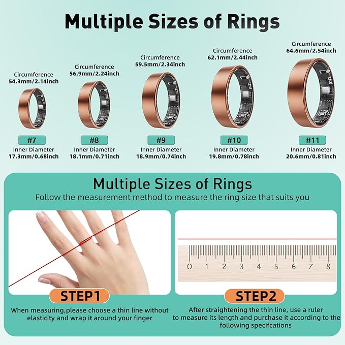 Smart Ring with Sleep Monitoring, Step Counting, Heart Rate, Blood Oxygen for iOS and Android, No Subscription Fee, IP68 Waterproof Health Tracker (Rose Gold, 7)