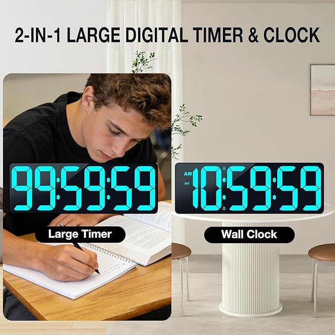 17.2" Large Digital Timer Wall Clock with Remote Control, Count Down Up Digital Timer, Auto DST LED Big Digital Clock for Bedroom Kitchen Living Room Office Gym Home Decor, Blue