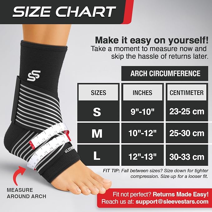Sleeve Stars Ankle Brace for Women & Men, Ankle Wrap for Sprain, Compression Sleeve for Plantar Fasciitis Relief, Easy Customizable Support: w/ Removable Strap (Single/M:10"-12"/Black)
