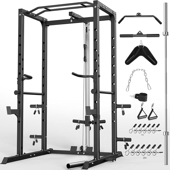 ULTRA FUEGO Power Cage, Multi-Functional Power Rack with J-Hooks, Dip Handles, Landmine Attachment and Optional Cable Pulley System for Home Gym