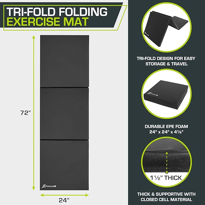 ProSource Tri-Fold Folding Thick Exercise Mat 6’x2’ with Carrying Handles for MMA, Gymnastics, Stretching, Core Workouts