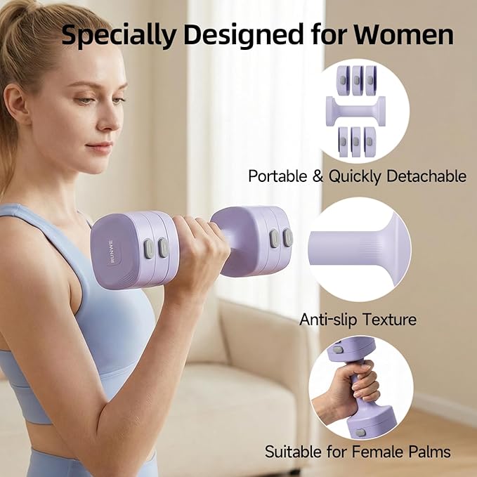 RUNWE 4 in 1 Adjustable Dumbbell Kettlebell Set for Women, Kettlebell Grip Converter, 2.2-5.5lb Fast Adjust Hand Weights for Postpartum Recovery & Beginner Strength Training, Pink, Space-Saving Home Gym