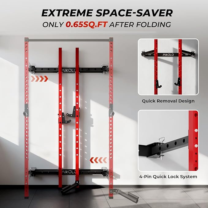 Mikolo 2" x 2" Folding Wall Mounted Squat Rack, 1000 Pounds Capacity Power Rack with Pull Up Bar, J Hooks and Other Attachments, Space-Saving Home Gym