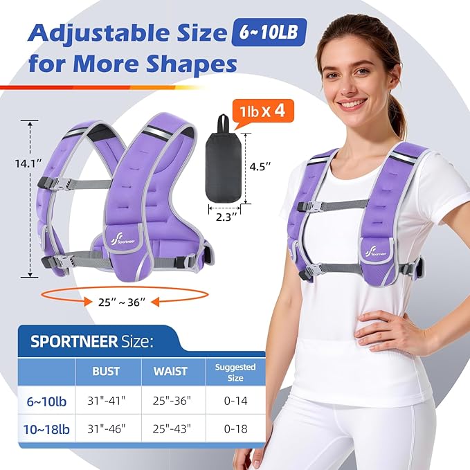 Sportneer Adjustable Weighted Vest Woman: 6-10lb/10-18lb Weighted Walking Vest for Women with 4/8 Weight Packs Fast Adjust Comfortable Weight Vest for Home Gym Burn Calories Strength Training Vests
