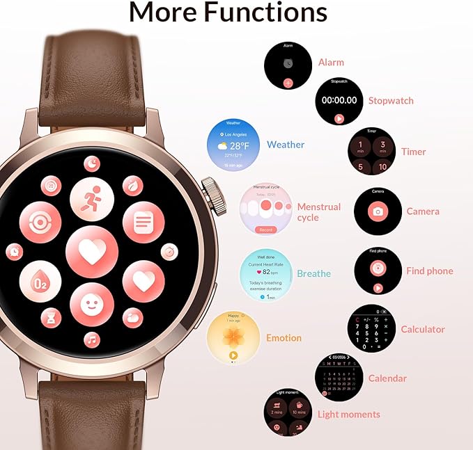 FANY Luna Smart Watch for Women, 1.1'' AMOLED Ultra-clear Display with Aluminum Case & Leather Band, Fitness Tracker Sleep/Heart Rate/SpO2/Step Monitor, 110+ Exercise Modes, FANY See the Vibe