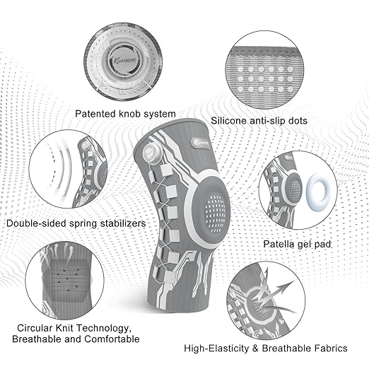 Kuangmi Knob Knee Brace for Pain Relief, Knee Support with Patella Gel Pad & Side Stabilizers, Compression Knee Sleeve for Workout, Arthritis, Joint Pain, Meniscus Tear (Gray White,Left,Medium,Single)