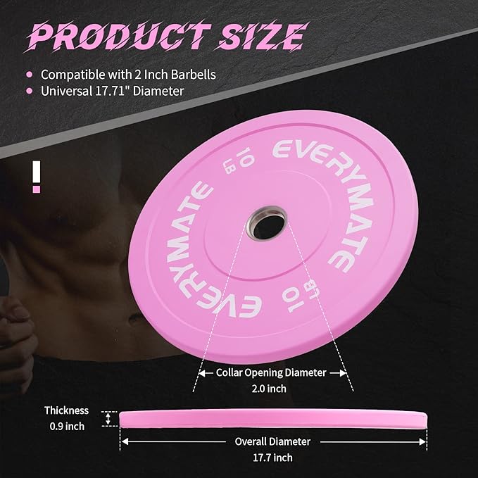 EVERYMATE Pink Weight Plates 10LB 15LB 25LB 35LB 45LB Olympic Bumper Plates Grip Weight Plates for Strength Training & Crossfit Steel Inserts Weight Plates Fit 2" Barbells Virgin Rubber Weights