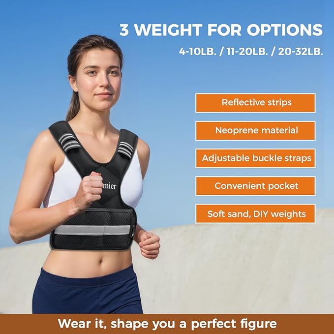 Adjustable Weighted Vest for Men and Women,4-10lb/11-20lb Vest with 6 Ironsand Weights,with Reflective Stripe,for Strength Training, Running, Fitness, Walking