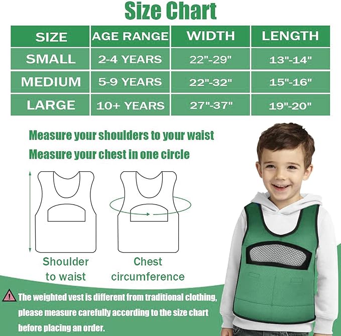 Compression Vest for Kids-Green, Weighted Vest for Kids Including 6 Removable Weights, (Small, Ages 2 to 5)