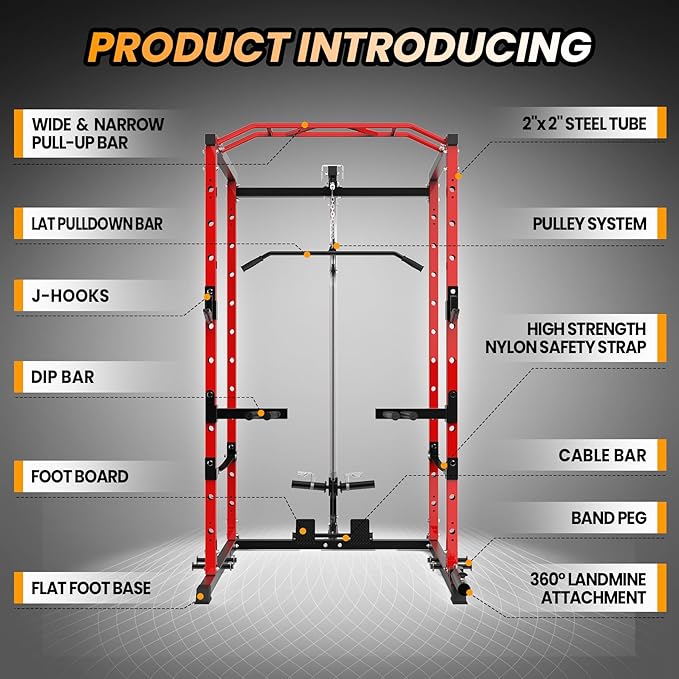 GarveeLife Power Cage, Multi-Function Squat Rack with LAT Pulldown, 1600 LBS Weight Capacity Fitness Power Rack with Cable Pulley System and j-Hooks, Dip Bars and Landmine Attachment for Home Gym