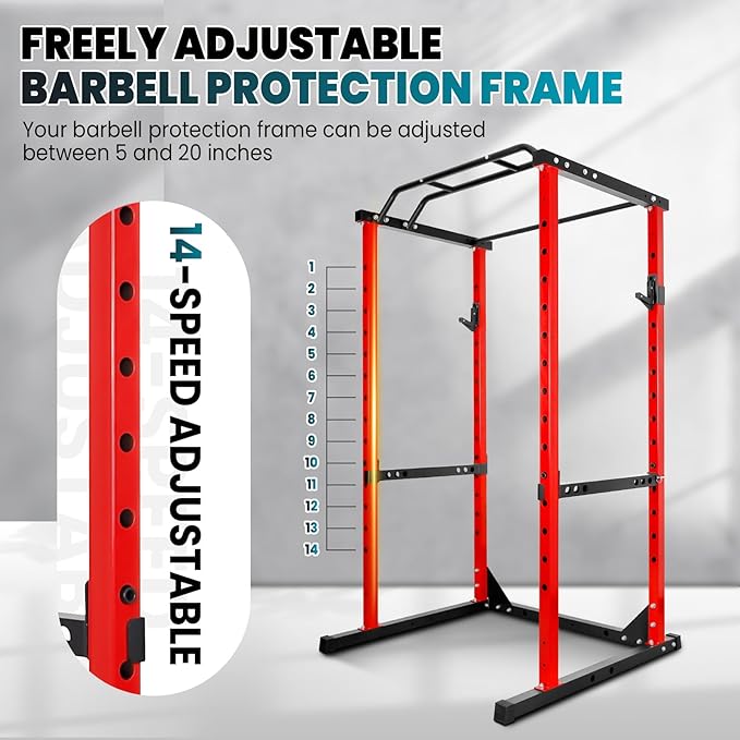 POWKOL Squat Rack Power Cage, 1200lb Capacity, 14-Hole Adjustable Height, Multi Functional Squat Rack for Home Gym With Safety Arms and J-Hooks, for Garage Gym Home Fitness Training