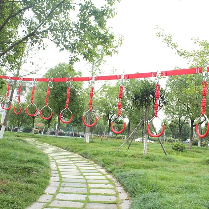 Backyard Ninja Ring Hang Gymnastic Fist Swing Monkey Bar Playground Equipment Climbing Attachment Playground Play Set, 8 Red Obstacle Course Fit Rings Jungle Gym Slackline Warrior Training Equipment