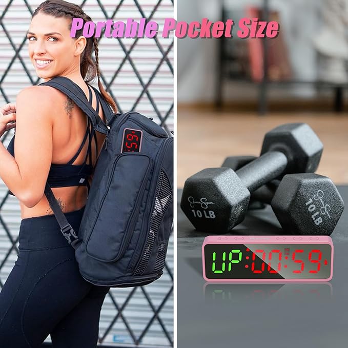 Small Gym Timer Clock Stopwatch Magnetic Workout Interval Timer, Large LED Digital Display, Home Accessories Countdown Clock for Home Gym Garage Schools (Matte Pink)