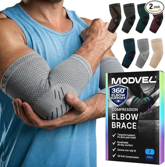 Modvel 2 Pack Elbow Brace for Tendonitis and Tennis Elbow Brace for Women and Men, Elbow Compression Sleeve for Pain Relief and Recovery – Elbow Sleeves Weightlifting Men, Sports & Workout, Arm Brace