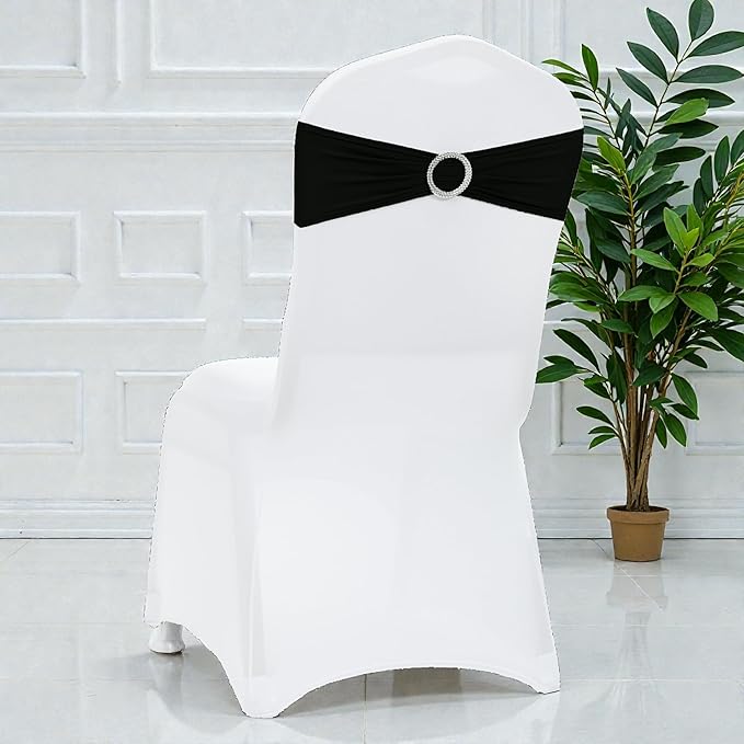 MDS Pack of 25 Spandex Chair Sashes Bow Premium Stretch Chair Cover Band with Buckle Slider Universal fits Elastic Stretch Chair Ties for Wedding Party Banquet Events Decoration - Black