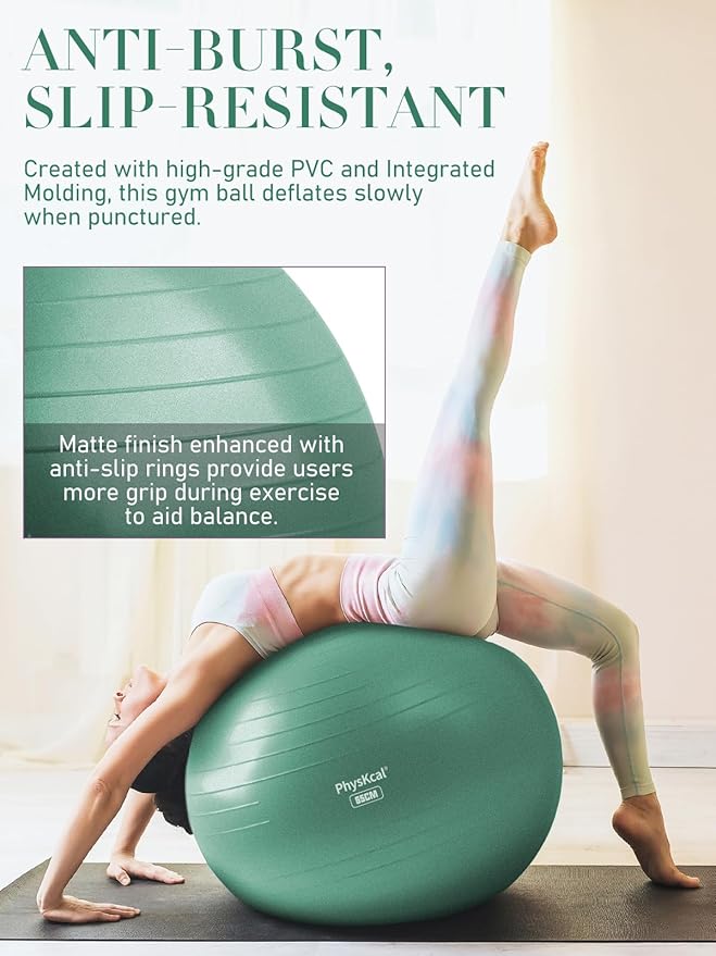 PhysKcal Yoga Ball for Exercise, Pilates Set, 4 Sizes Fitness Ball for Workout, Birthing, Pregnancy, Physical Therapy- Pump Included