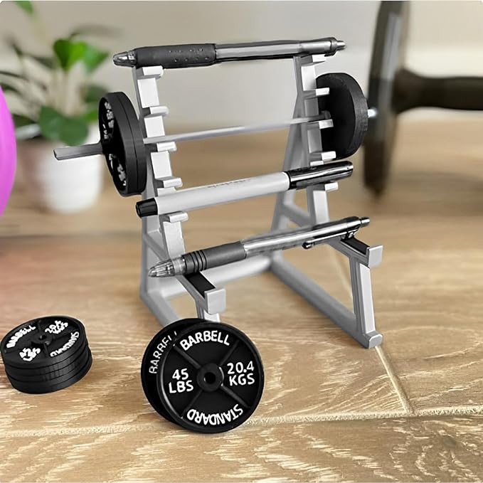 Funny Barbell Pen Holder, Mini Squat Rack Pen Holder Ornaments with 4pcs Weight Plates, Mini Plastic Weight Rack Pencil Holder Home Decor Gift for Fitness and Weightlifting Fans(COLOR:gray black)