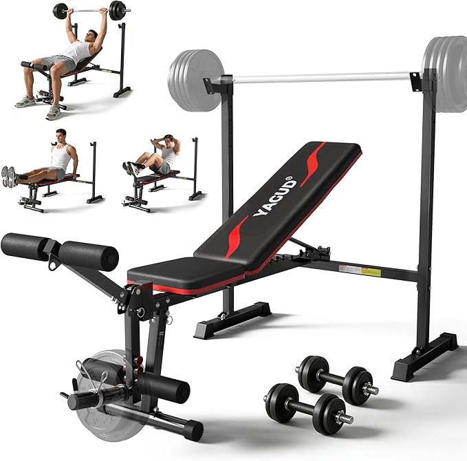 Weight Bench Set, 880LBS Adjustable Bench Press Set with Leg Extension and Barbell Rack, Safety Bar Catches, Fasting Foldable Workout Benches for Home Gym Fitness