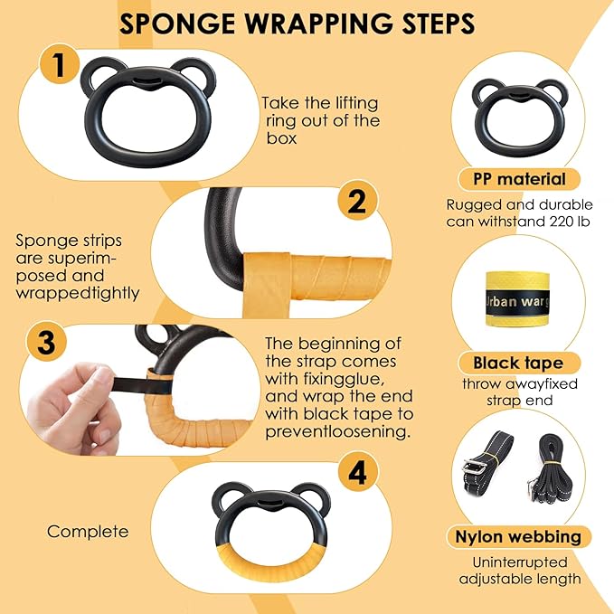 Gymnastics Rings, Professional Children's Home Fitness Equipment, Children's Adjustable Harness Strength Training Rings, Indoor Gymnastics Rings (Yellow)