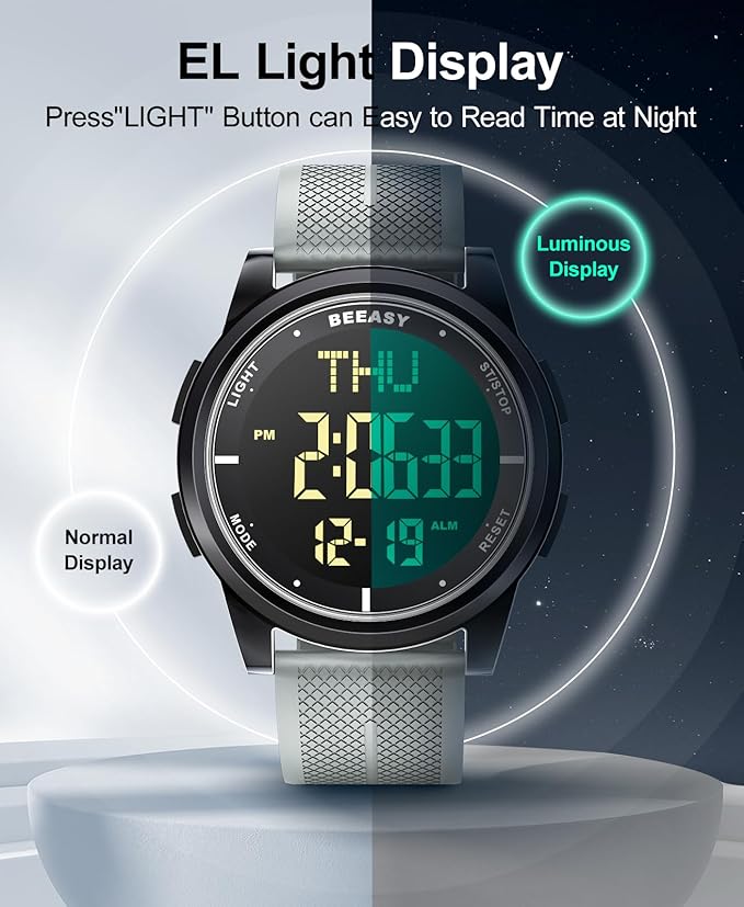 Beeasy Digital Watch for Men Women, 50M Waterproof, Ultra-Thin & Lightweight, 44mm Silicone Sports Watch with Alarm, Stopwatch, Countdown, Ideal for Gym, Running, School, Daily Wear