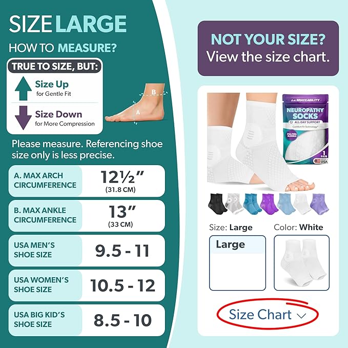 BraceAbility Neuropathy Socks (Pair) - Peripheral Neuritis Compression Diabetic Toeless Foot Sleeves for Nerve Damage Pain in Feet, Ankle Gout, Plantar Fasciitis Relief Brace for Men and Women (L - White)