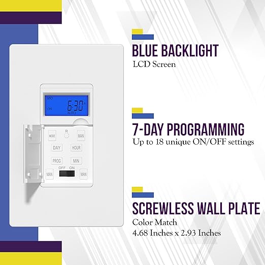 Enerlites 7 Days Digital in-Wall Programmable Timer Switch for Lights, Fans, and Motors, Single Pole, Neutral Wire Required, 18 ON/Off Timer Settings, with Blue Backlight, White, Screwless Wall Plate